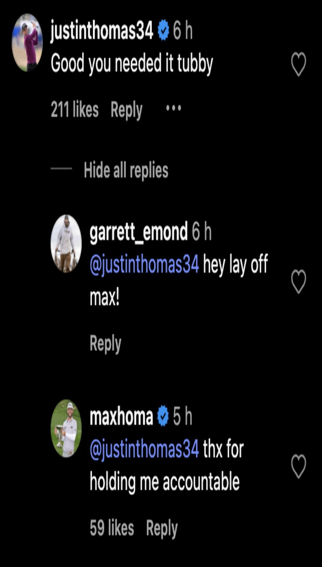 Justin Thomas comments on Max Homa's post - Source: via @maxhoma on Instagram